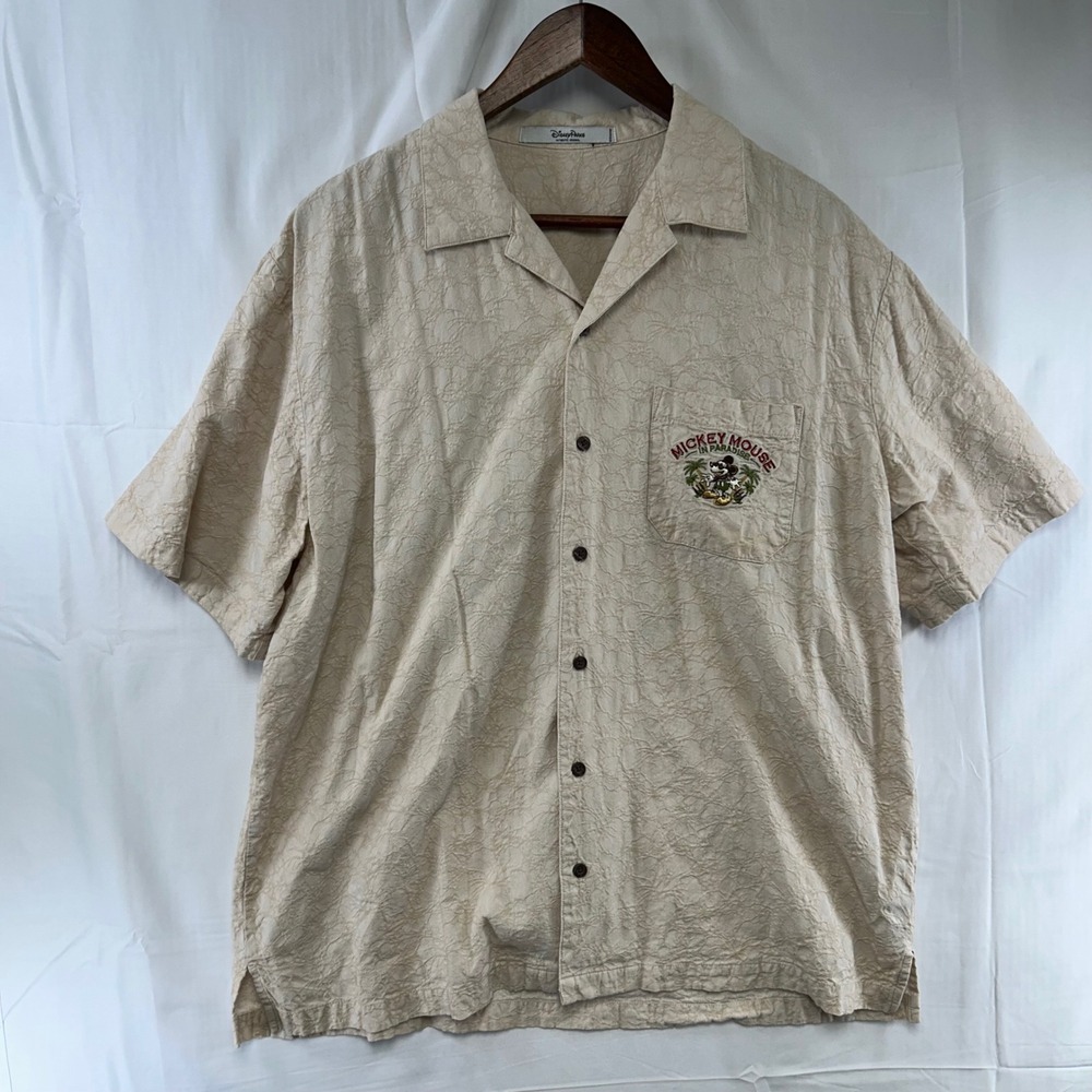 Disney Parks Button Up Mens Large Beige Mickey Mouse Paradise Crinkle Shirt